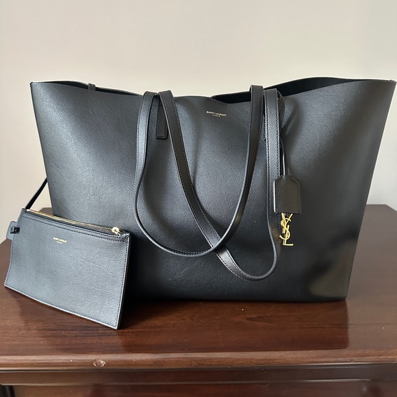 Saint Laurent Handbags - Saint Laurent Black Leather Tote with Gold YSL Charm